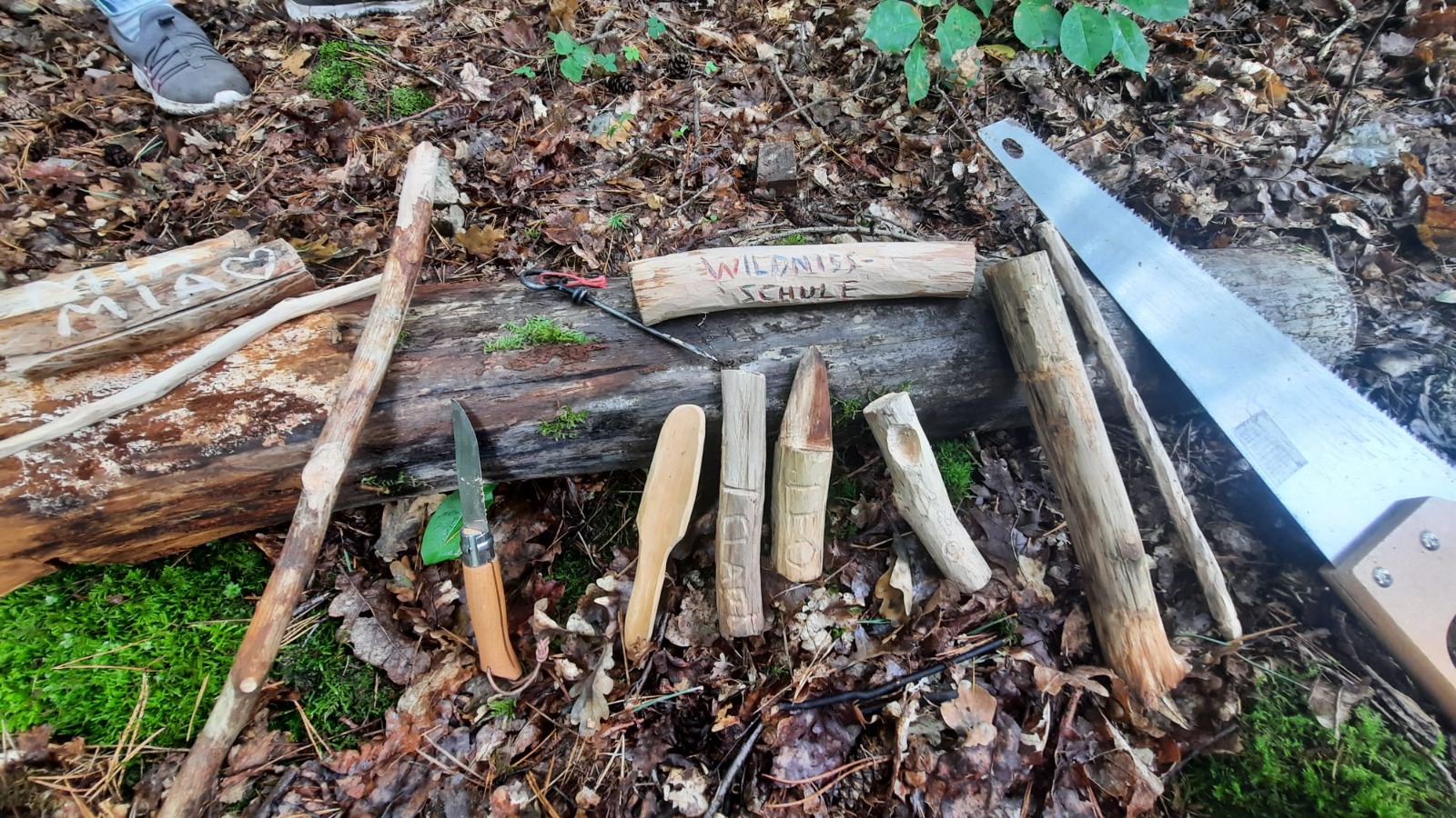 Mehrere geschnitzte Holzwerkzeuge in die Namen eingraviert sind auf Waldboden. Rechts eine Säge.