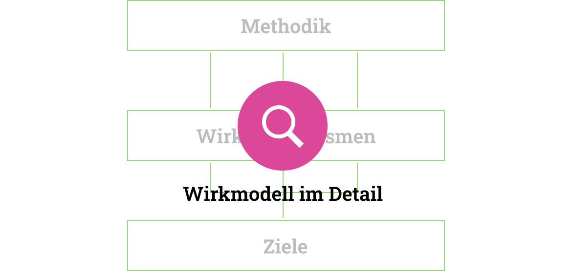 Wirkmodell im Detail. rosafarbenes Lupensymbol. Ausgeblasstes Wirkmodel: Methodik, Wirkmechanismen, Ziele.