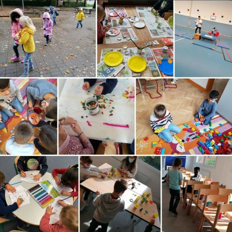 Collage aus insgesamt neun verschiedenen Bildern. Kinder haben Spaß und sind gemeinsam kreativ