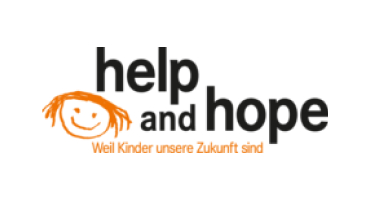 Logo mit schwarzem Schriftzug "Help and Hope" daneben ein gezeichnetes Gesicht in orange auf weißem Hintergrund.
