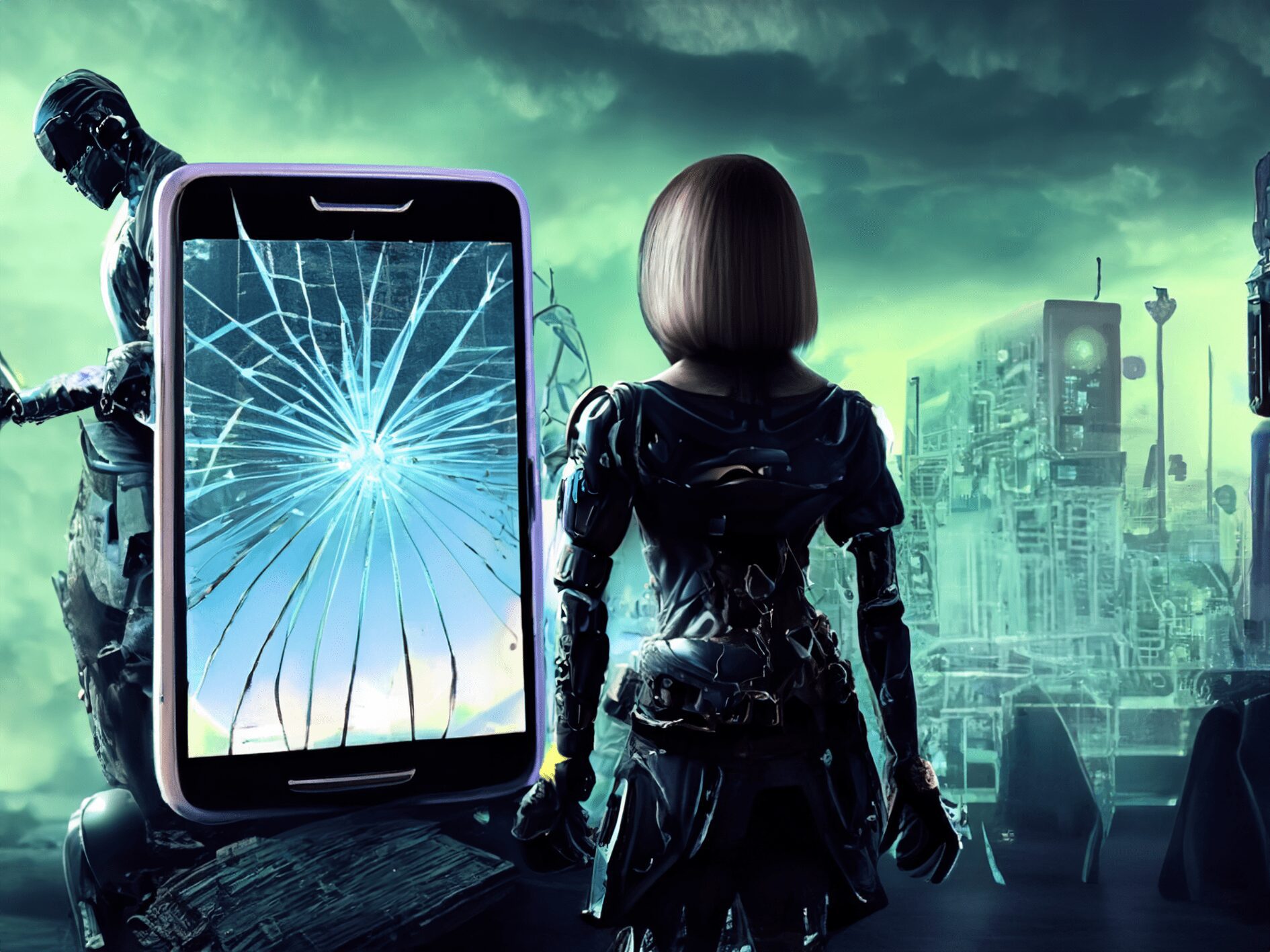 Mädchen steht vor einem zerbrochenem Smarthphone in einer futuristischen Welt.