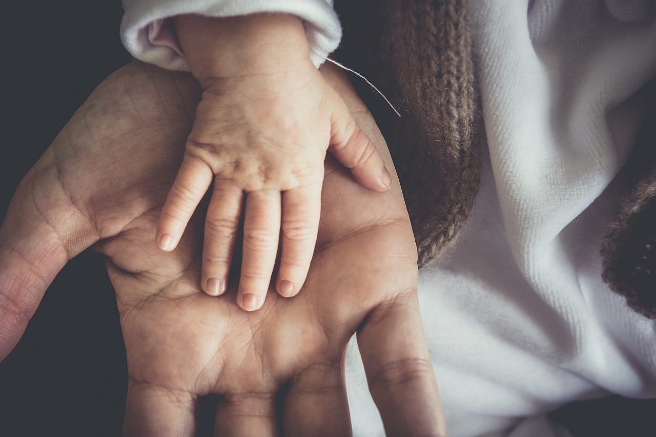 Babyhand liegt in der Hand eines Erwachsenen.